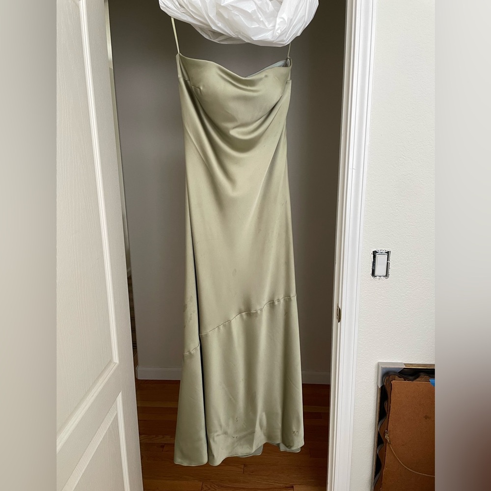 Revelry Silver Sage Satin Bridesmaid dress